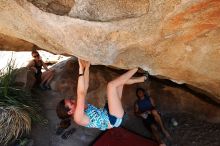 Sarah Williams rock climbing on No One Gets Out of Here Alive (V2) in Hueco Tanks State Park and Historic Site during the Hueco Tanks Awesome Fest 2010 trip, Saturday, May 22, 2010.

Filename: SRM_20100522_15303855.JPG
Aperture: f/5.6
Shutter Speed: 1/320
Body: Canon EOS-1D Mark II
Lens: Canon EF 16-35mm f/2.8 L