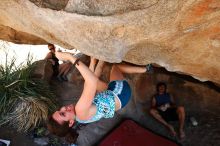 Sarah Williams rock climbing on No One Gets Out of Here Alive (V2) in Hueco Tanks State Park and Historic Site during the Hueco Tanks Awesome Fest 2010 trip, Saturday, May 22, 2010.

Filename: SRM_20100522_15304356.JPG
Aperture: f/5.6
Shutter Speed: 1/250
Body: Canon EOS-1D Mark II
Lens: Canon EF 16-35mm f/2.8 L