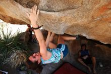 Sarah Williams rock climbing on No One Gets Out of Here Alive (V2) in Hueco Tanks State Park and Historic Site during the Hueco Tanks Awesome Fest 2010 trip, Saturday, May 22, 2010.

Filename: SRM_20100522_15304357.JPG
Aperture: f/5.6
Shutter Speed: 1/320
Body: Canon EOS-1D Mark II
Lens: Canon EF 16-35mm f/2.8 L