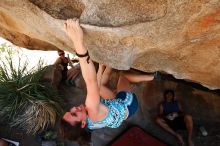 Sarah Williams rock climbing on No One Gets Out of Here Alive (V2) in Hueco Tanks State Park and Historic Site during the Hueco Tanks Awesome Fest 2010 trip, Saturday, May 22, 2010.

Filename: SRM_20100522_15304358.JPG
Aperture: f/5.6
Shutter Speed: 1/320
Body: Canon EOS-1D Mark II
Lens: Canon EF 16-35mm f/2.8 L