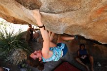 Sarah Williams rock climbing on No One Gets Out of Here Alive (V2) in Hueco Tanks State Park and Historic Site during the Hueco Tanks Awesome Fest 2010 trip, Saturday, May 22, 2010.

Filename: SRM_20100522_15304359.JPG
Aperture: f/5.6
Shutter Speed: 1/320
Body: Canon EOS-1D Mark II
Lens: Canon EF 16-35mm f/2.8 L