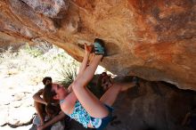 Sarah Williams rock climbing on No One Gets Out of Here Alive (V2) in Hueco Tanks State Park and Historic Site during the Hueco Tanks Awesome Fest 2010 trip, Saturday, May 22, 2010.

Filename: SRM_20100522_15305361.JPG
Aperture: f/5.6
Shutter Speed: 1/500
Body: Canon EOS-1D Mark II
Lens: Canon EF 16-35mm f/2.8 L