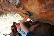 Sarah Williams rock climbing on No One Gets Out of Here Alive (V2) in Hueco Tanks State Park and Historic Site during the Hueco Tanks Awesome Fest 2010 trip, Saturday, May 22, 2010.

Filename: SRM_20100522_15305362.JPG
Aperture: f/5.6
Shutter Speed: 1/640
Body: Canon EOS-1D Mark II
Lens: Canon EF 16-35mm f/2.8 L