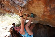 Sarah Williams rock climbing on No One Gets Out of Here Alive (V2) in Hueco Tanks State Park and Historic Site during the Hueco Tanks Awesome Fest 2010 trip, Saturday, May 22, 2010.

Filename: SRM_20100522_15305863.JPG
Aperture: f/5.6
Shutter Speed: 1/640
Body: Canon EOS-1D Mark II
Lens: Canon EF 16-35mm f/2.8 L