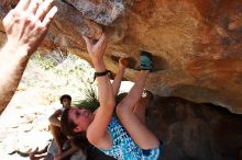 Sarah Williams rock climbing on No One Gets Out of Here Alive (V2) in Hueco Tanks State Park and Historic Site during the Hueco Tanks Awesome Fest 2010 trip, Saturday, May 22, 2010.

Filename: SRM_20100522_15305965.JPG
Aperture: f/5.6
Shutter Speed: 1/640
Body: Canon EOS-1D Mark II
Lens: Canon EF 16-35mm f/2.8 L