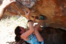 Sarah Williams rock climbing on No One Gets Out of Here Alive (V2) in Hueco Tanks State Park and Historic Site during the Hueco Tanks Awesome Fest 2010 trip, Saturday, May 22, 2010.

Filename: SRM_20100522_15310067.JPG
Aperture: f/5.6
Shutter Speed: 1/640
Body: Canon EOS-1D Mark II
Lens: Canon EF 16-35mm f/2.8 L