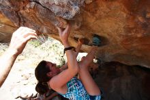 Sarah Williams rock climbing on No One Gets Out of Here Alive (V2) in Hueco Tanks State Park and Historic Site during the Hueco Tanks Awesome Fest 2010 trip, Saturday, May 22, 2010.

Filename: SRM_20100522_15310068.JPG
Aperture: f/5.6
Shutter Speed: 1/800
Body: Canon EOS-1D Mark II
Lens: Canon EF 16-35mm f/2.8 L