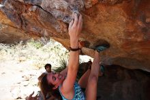 Sarah Williams rock climbing on No One Gets Out of Here Alive (V2) in Hueco Tanks State Park and Historic Site during the Hueco Tanks Awesome Fest 2010 trip, Saturday, May 22, 2010.

Filename: SRM_20100522_15310169.JPG
Aperture: f/5.6
Shutter Speed: 1/800
Body: Canon EOS-1D Mark II
Lens: Canon EF 16-35mm f/2.8 L