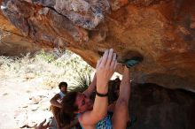 Sarah Williams rock climbing on No One Gets Out of Here Alive (V2) in Hueco Tanks State Park and Historic Site during the Hueco Tanks Awesome Fest 2010 trip, Saturday, May 22, 2010.

Filename: SRM_20100522_15310170.JPG
Aperture: f/5.6
Shutter Speed: 1/800
Body: Canon EOS-1D Mark II
Lens: Canon EF 16-35mm f/2.8 L