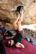 Beth Marek rock climbing on No One Gets Out of Here Alive (V2) in Hueco Tanks State Park and Historic Site during the Hueco Tanks Awesome Fest 2010 trip, Saturday, May 22, 2010.

Filename: SRM_20100522_15313972.JPG
Aperture: f/5.6
Shutter Speed: 1/100
Body: Canon EOS-1D Mark II
Lens: Canon EF 16-35mm f/2.8 L