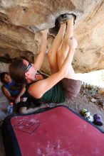 Beth Marek rock climbing on No One Gets Out of Here Alive (V2) in Hueco Tanks State Park and Historic Site during the Hueco Tanks Awesome Fest 2010 trip, Saturday, May 22, 2010.

Filename: SRM_20100522_15314882.JPG
Aperture: f/5.6
Shutter Speed: 1/100
Body: Canon EOS-1D Mark II
Lens: Canon EF 16-35mm f/2.8 L