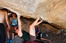 Beth Marek rock climbing on No One Gets Out of Here Alive (V2) in Hueco Tanks State Park and Historic Site during the Hueco Tanks Awesome Fest 2010 trip, Saturday, May 22, 2010.

Filename: SRM_20100522_15315786.JPG
Aperture: f/5.6
Shutter Speed: 1/160
Body: Canon EOS-1D Mark II
Lens: Canon EF 16-35mm f/2.8 L