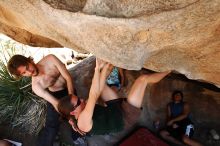 Beth Marek rock climbing on No One Gets Out of Here Alive (V2) in Hueco Tanks State Park and Historic Site during the Hueco Tanks Awesome Fest 2010 trip, Saturday, May 22, 2010.

Filename: SRM_20100522_15321189.JPG
Aperture: f/5.6
Shutter Speed: 1/320
Body: Canon EOS-1D Mark II
Lens: Canon EF 16-35mm f/2.8 L