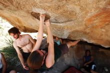 Beth Marek rock climbing on No One Gets Out of Here Alive (V2) in Hueco Tanks State Park and Historic Site during the Hueco Tanks Awesome Fest 2010 trip, Saturday, May 22, 2010.

Filename: SRM_20100522_15321903.JPG
Aperture: f/5.6
Shutter Speed: 1/320
Body: Canon EOS-1D Mark II
Lens: Canon EF 16-35mm f/2.8 L