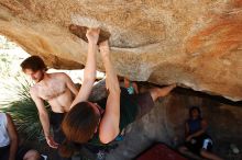 Beth Marek rock climbing on No One Gets Out of Here Alive (V2) in Hueco Tanks State Park and Historic Site during the Hueco Tanks Awesome Fest 2010 trip, Saturday, May 22, 2010.

Filename: SRM_20100522_15321904.JPG
Aperture: f/5.6
Shutter Speed: 1/400
Body: Canon EOS-1D Mark II
Lens: Canon EF 16-35mm f/2.8 L