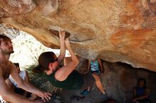 Beth Marek rock climbing on No One Gets Out of Here Alive (V2) in Hueco Tanks State Park and Historic Site during the Hueco Tanks Awesome Fest 2010 trip, Saturday, May 22, 2010.

Filename: SRM_20100522_15322205.JPG
Aperture: f/5.6
Shutter Speed: 1/400
Body: Canon EOS-1D Mark II
Lens: Canon EF 16-35mm f/2.8 L