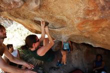 Beth Marek rock climbing on No One Gets Out of Here Alive (V2) in Hueco Tanks State Park and Historic Site during the Hueco Tanks Awesome Fest 2010 trip, Saturday, May 22, 2010.

Filename: SRM_20100522_15322206.JPG
Aperture: f/5.6
Shutter Speed: 1/400
Body: Canon EOS-1D Mark II
Lens: Canon EF 16-35mm f/2.8 L