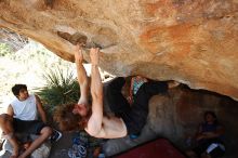 Andrew Dreher rock climbing on No One Gets Out of Here Alive (V2) in Hueco Tanks State Park and Historic Site during the Hueco Tanks Awesome Fest 2010 trip, Saturday, May 22, 2010.

Filename: SRM_20100522_15353309.JPG
Aperture: f/5.6
Shutter Speed: 1/400
Body: Canon EOS-1D Mark II
Lens: Canon EF 16-35mm f/2.8 L