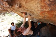 Andrew Dreher rock climbing on No One Gets Out of Here Alive (V2) in Hueco Tanks State Park and Historic Site during the Hueco Tanks Awesome Fest 2010 trip, Saturday, May 22, 2010.

Filename: SRM_20100522_15353511.JPG
Aperture: f/5.6
Shutter Speed: 1/500
Body: Canon EOS-1D Mark II
Lens: Canon EF 16-35mm f/2.8 L