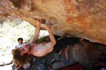 Andrew Dreher rock climbing on No One Gets Out of Here Alive (V2) in Hueco Tanks State Park and Historic Site during the Hueco Tanks Awesome Fest 2010 trip, Saturday, May 22, 2010.

Filename: SRM_20100522_15353712.JPG
Aperture: f/5.6
Shutter Speed: 1/400
Body: Canon EOS-1D Mark II
Lens: Canon EF 16-35mm f/2.8 L