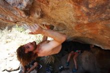 Andrew Dreher rock climbing on No One Gets Out of Here Alive (V2) in Hueco Tanks State Park and Historic Site during the Hueco Tanks Awesome Fest 2010 trip, Saturday, May 22, 2010.

Filename: SRM_20100522_15353713.JPG
Aperture: f/5.6
Shutter Speed: 1/500
Body: Canon EOS-1D Mark II
Lens: Canon EF 16-35mm f/2.8 L