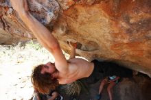 Andrew Dreher rock climbing on No One Gets Out of Here Alive (V2) in Hueco Tanks State Park and Historic Site during the Hueco Tanks Awesome Fest 2010 trip, Saturday, May 22, 2010.

Filename: SRM_20100522_15353715.JPG
Aperture: f/5.6
Shutter Speed: 1/500
Body: Canon EOS-1D Mark II
Lens: Canon EF 16-35mm f/2.8 L