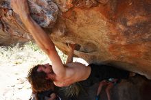 Andrew Dreher rock climbing on No One Gets Out of Here Alive (V2) in Hueco Tanks State Park and Historic Site during the Hueco Tanks Awesome Fest 2010 trip, Saturday, May 22, 2010.

Filename: SRM_20100522_15353716.JPG
Aperture: f/5.6
Shutter Speed: 1/640
Body: Canon EOS-1D Mark II
Lens: Canon EF 16-35mm f/2.8 L