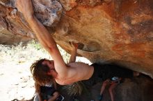 Andrew Dreher rock climbing on No One Gets Out of Here Alive (V2) in Hueco Tanks State Park and Historic Site during the Hueco Tanks Awesome Fest 2010 trip, Saturday, May 22, 2010.

Filename: SRM_20100522_15353717.JPG
Aperture: f/5.6
Shutter Speed: 1/640
Body: Canon EOS-1D Mark II
Lens: Canon EF 16-35mm f/2.8 L