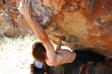 Andrew Dreher rock climbing on No One Gets Out of Here Alive (V2) in Hueco Tanks State Park and Historic Site during the Hueco Tanks Awesome Fest 2010 trip, Saturday, May 22, 2010.

Filename: SRM_20100522_15353819.JPG
Aperture: f/5.6
Shutter Speed: 1/500
Body: Canon EOS-1D Mark II
Lens: Canon EF 16-35mm f/2.8 L