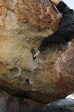 Andrew Dreher rock climbing on No One Gets Out of Here Alive (V2) in Hueco Tanks State Park and Historic Site during the Hueco Tanks Awesome Fest 2010 trip, Sunday, May 23, 2010.

Filename: SRM_20100523_10521359.JPG
Aperture: f/5.6
Shutter Speed: 1/320
Body: Canon EOS-1D Mark II
Lens: Canon EF 16-35mm f/2.8 L