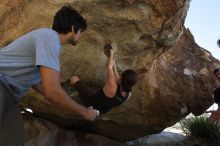 Beth Marek rock climbing on No One Gets Out of Here Alive (V2) in Hueco Tanks State Park and Historic Site during the Hueco Tanks Awesome Fest 2010 trip, Sunday, May 23, 2010.

Filename: SRM_20100523_10542461.JPG
Aperture: f/5.6
Shutter Speed: 1/500
Body: Canon EOS-1D Mark II
Lens: Canon EF 16-35mm f/2.8 L