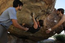 Beth Marek rock climbing on No One Gets Out of Here Alive (V2) in Hueco Tanks State Park and Historic Site during the Hueco Tanks Awesome Fest 2010 trip, Sunday, May 23, 2010.

Filename: SRM_20100523_10542563.JPG
Aperture: f/5.6
Shutter Speed: 1/500
Body: Canon EOS-1D Mark II
Lens: Canon EF 16-35mm f/2.8 L