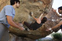 Beth Marek rock climbing on No One Gets Out of Here Alive (V2) in Hueco Tanks State Park and Historic Site during the Hueco Tanks Awesome Fest 2010 trip, Sunday, May 23, 2010.

Filename: SRM_20100523_10543168.JPG
Aperture: f/5.6
Shutter Speed: 1/320
Body: Canon EOS-1D Mark II
Lens: Canon EF 16-35mm f/2.8 L