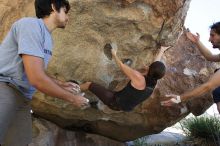 Beth Marek rock climbing on No One Gets Out of Here Alive (V2) in Hueco Tanks State Park and Historic Site during the Hueco Tanks Awesome Fest 2010 trip, Sunday, May 23, 2010.

Filename: SRM_20100523_10543271.JPG
Aperture: f/5.6
Shutter Speed: 1/320
Body: Canon EOS-1D Mark II
Lens: Canon EF 16-35mm f/2.8 L