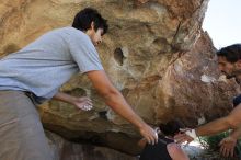 Beth Marek rock climbing on No One Gets Out of Here Alive (V2) in Hueco Tanks State Park and Historic Site during the Hueco Tanks Awesome Fest 2010 trip, Sunday, May 23, 2010.

Filename: SRM_20100523_10543672.JPG
Aperture: f/5.6
Shutter Speed: 1/320
Body: Canon EOS-1D Mark II
Lens: Canon EF 16-35mm f/2.8 L