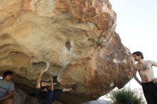 Raanan Robertson rock climbing on No One Gets Out of Here Alive (V2) in Hueco Tanks State Park and Historic Site during the Hueco Tanks Awesome Fest 2010 trip, Sunday, May 23, 2010.

Filename: SRM_20100523_10564480.JPG
Aperture: f/5.6
Shutter Speed: 1/640
Body: Canon EOS-1D Mark II
Lens: Canon EF 16-35mm f/2.8 L