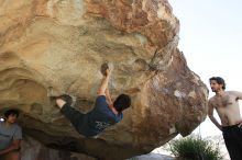 Raanan Robertson rock climbing on No One Gets Out of Here Alive (V2) in Hueco Tanks State Park and Historic Site during the Hueco Tanks Awesome Fest 2010 trip, Sunday, May 23, 2010.

Filename: SRM_20100523_10565288.JPG
Aperture: f/5.6
Shutter Speed: 1/800
Body: Canon EOS-1D Mark II
Lens: Canon EF 16-35mm f/2.8 L