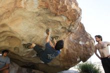 Raanan Robertson rock climbing on No One Gets Out of Here Alive (V2) in Hueco Tanks State Park and Historic Site during the Hueco Tanks Awesome Fest 2010 trip, Sunday, May 23, 2010.

Filename: SRM_20100523_10565389.JPG
Aperture: f/5.6
Shutter Speed: 1/640
Body: Canon EOS-1D Mark II
Lens: Canon EF 16-35mm f/2.8 L