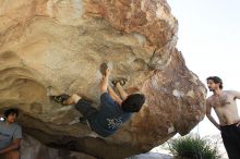 Raanan Robertson rock climbing on No One Gets Out of Here Alive (V2) in Hueco Tanks State Park and Historic Site during the Hueco Tanks Awesome Fest 2010 trip, Sunday, May 23, 2010.

Filename: SRM_20100523_10565491.JPG
Aperture: f/5.6
Shutter Speed: 1/640
Body: Canon EOS-1D Mark II
Lens: Canon EF 16-35mm f/2.8 L