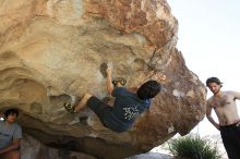 Raanan Robertson rock climbing on No One Gets Out of Here Alive (V2) in Hueco Tanks State Park and Historic Site during the Hueco Tanks Awesome Fest 2010 trip, Sunday, May 23, 2010.

Filename: SRM_20100523_10565593.JPG
Aperture: f/5.6
Shutter Speed: 1/640
Body: Canon EOS-1D Mark II
Lens: Canon EF 16-35mm f/2.8 L