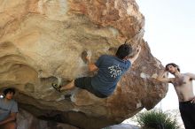 Raanan Robertson rock climbing on No One Gets Out of Here Alive (V2) in Hueco Tanks State Park and Historic Site during the Hueco Tanks Awesome Fest 2010 trip, Sunday, May 23, 2010.

Filename: SRM_20100523_10565596.JPG
Aperture: f/5.6
Shutter Speed: 1/640
Body: Canon EOS-1D Mark II
Lens: Canon EF 16-35mm f/2.8 L