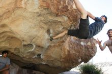 Raanan Robertson rock climbing on No One Gets Out of Here Alive (V2) in Hueco Tanks State Park and Historic Site during the Hueco Tanks Awesome Fest 2010 trip, Sunday, May 23, 2010.

Filename: SRM_20100523_10570301.JPG
Aperture: f/5.6
Shutter Speed: 1/640
Body: Canon EOS-1D Mark II
Lens: Canon EF 16-35mm f/2.8 L