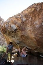 Sarah Williams rock climbing on No One Gets Out of Here Alive (V2) in Hueco Tanks State Park and Historic Site during the Hueco Tanks Awesome Fest 2010 trip, Sunday, May 23, 2010.

Filename: SRM_20100523_11012107.JPG
Aperture: f/5.6
Shutter Speed: 1/500
Body: Canon EOS-1D Mark II
Lens: Canon EF 16-35mm f/2.8 L