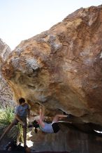 Sarah Williams rock climbing on No One Gets Out of Here Alive (V2) in Hueco Tanks State Park and Historic Site during the Hueco Tanks Awesome Fest 2010 trip, Sunday, May 23, 2010.

Filename: SRM_20100523_11012408.JPG
Aperture: f/5.6
Shutter Speed: 1/500
Body: Canon EOS-1D Mark II
Lens: Canon EF 16-35mm f/2.8 L