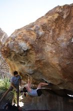 Sarah Williams rock climbing on No One Gets Out of Here Alive (V2) in Hueco Tanks State Park and Historic Site during the Hueco Tanks Awesome Fest 2010 trip, Sunday, May 23, 2010.

Filename: SRM_20100523_11012409.JPG
Aperture: f/5.6
Shutter Speed: 1/500
Body: Canon EOS-1D Mark II
Lens: Canon EF 16-35mm f/2.8 L