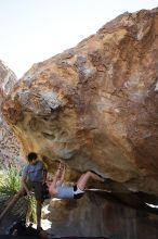 Sarah Williams rock climbing on No One Gets Out of Here Alive (V2) in Hueco Tanks State Park and Historic Site during the Hueco Tanks Awesome Fest 2010 trip, Sunday, May 23, 2010.

Filename: SRM_20100523_11012610.JPG
Aperture: f/5.6
Shutter Speed: 1/400
Body: Canon EOS-1D Mark II
Lens: Canon EF 16-35mm f/2.8 L