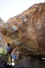 Sarah Williams rock climbing on No One Gets Out of Here Alive (V2) in Hueco Tanks State Park and Historic Site during the Hueco Tanks Awesome Fest 2010 trip, Sunday, May 23, 2010.

Filename: SRM_20100523_11013111.JPG
Aperture: f/5.6
Shutter Speed: 1/400
Body: Canon EOS-1D Mark II
Lens: Canon EF 16-35mm f/2.8 L