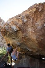 Sarah Williams rock climbing on No One Gets Out of Here Alive (V2) in Hueco Tanks State Park and Historic Site during the Hueco Tanks Awesome Fest 2010 trip, Sunday, May 23, 2010.

Filename: SRM_20100523_11013112.JPG
Aperture: f/5.6
Shutter Speed: 1/500
Body: Canon EOS-1D Mark II
Lens: Canon EF 16-35mm f/2.8 L