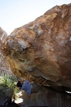 Cayce Wilson rock climbing on No One Gets Out of Here Alive (V2) in Hueco Tanks State Park and Historic Site during the Hueco Tanks Awesome Fest 2010 trip, Sunday, May 23, 2010.

Filename: SRM_20100523_11032723.JPG
Aperture: f/5.6
Shutter Speed: 1/500
Body: Canon EOS-1D Mark II
Lens: Canon EF 16-35mm f/2.8 L