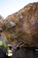 Sarah Williams rock climbing on No One Gets Out of Here Alive (V2) in Hueco Tanks State Park and Historic Site during the Hueco Tanks Awesome Fest 2010 trip, Sunday, May 23, 2010.

Filename: SRM_20100523_11044750.JPG
Aperture: f/5.6
Shutter Speed: 1/500
Body: Canon EOS-1D Mark II
Lens: Canon EF 16-35mm f/2.8 L